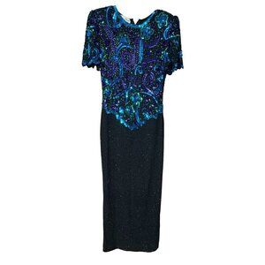 Vtg Laurence Kazar Black Multicolor Fully Beaded Sequin Evening Dress S